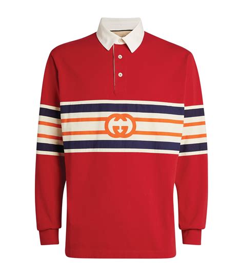 red and black striped gucci buttoned shirt|Gucci interlocking polo shirts.